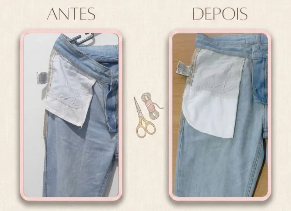 Antes e depois: Bolso de calça jeans refeito e ampliado, com o forro substituído e a costura reforçada.
