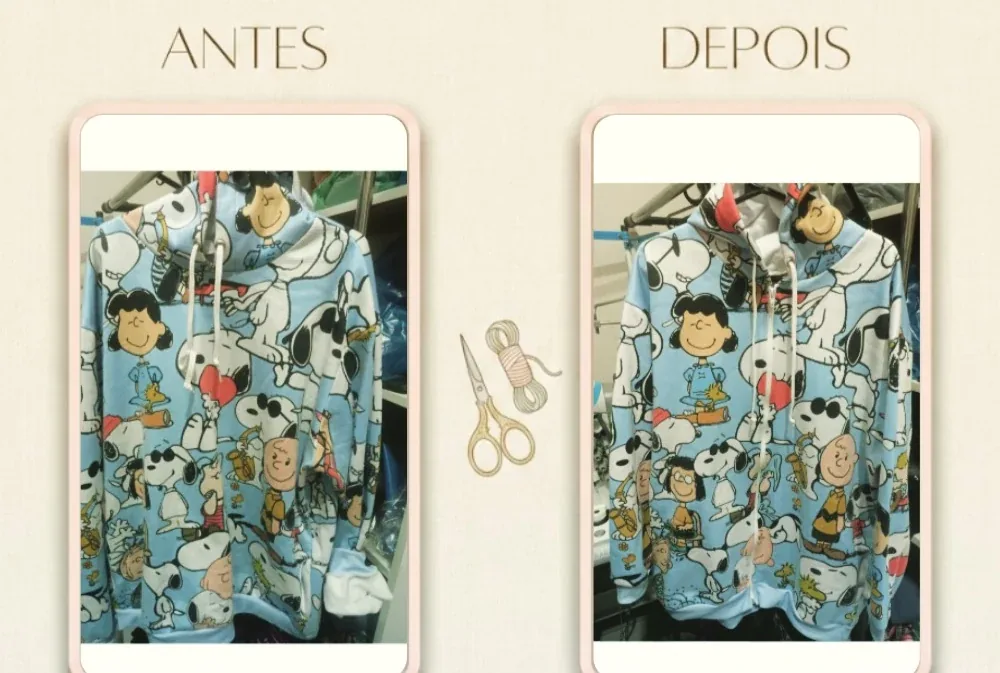 Antes e depois: Moletom fechado transformado em jaqueta, com aplicação de zíper de ponta a ponta.