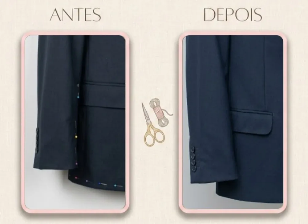 Antes e depois: Manga de paletó de terno encurtada e barra refeita à mão, com os botões reposicionados.
