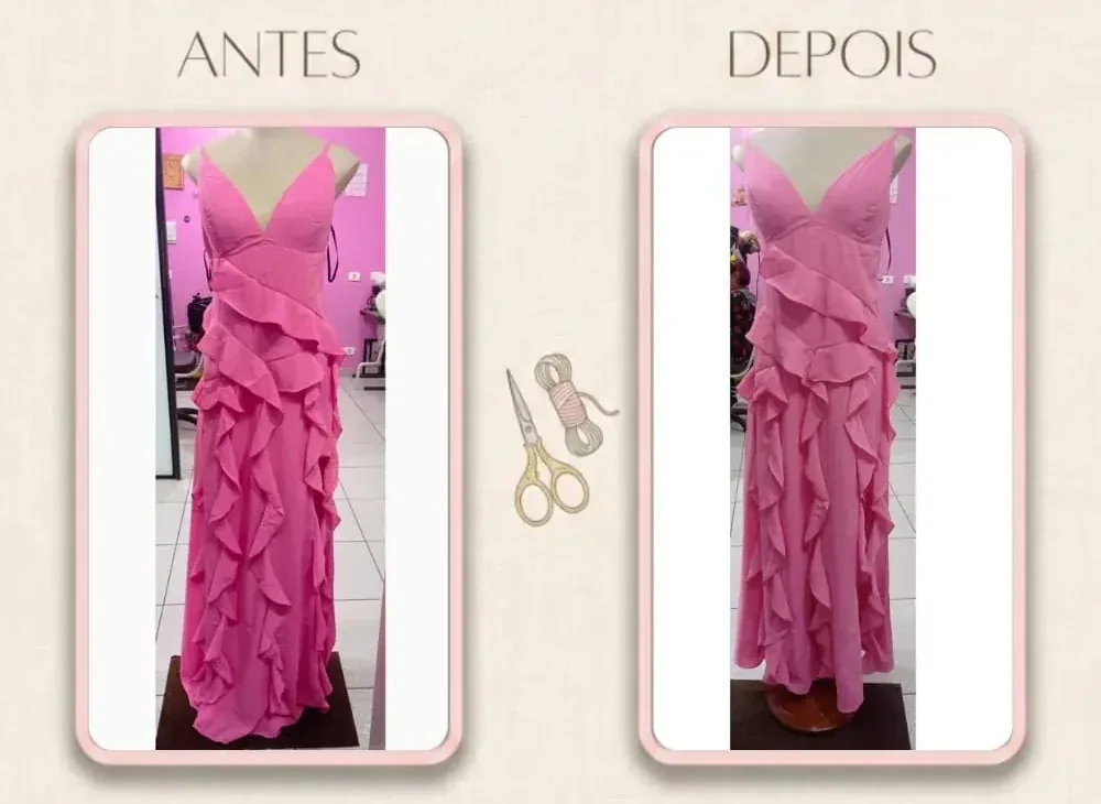 Antes e depois: Vestido longo de festa ajustado no busto e na cintura, mantendo o caimento dos babados.
